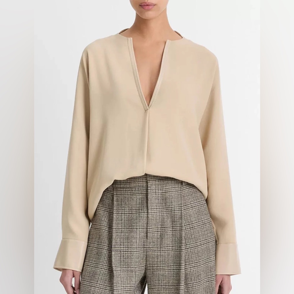 Vince Faux Leather-Trim Dolman-Sleeve Blouse